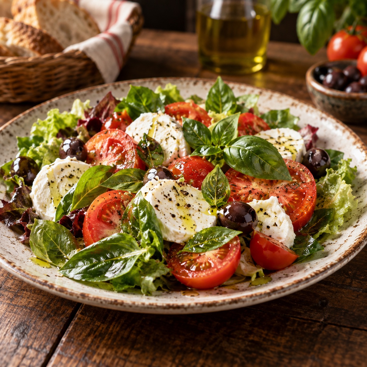 Insalata fresca con pomodoro, mozzarella, basilico, lattuga e olive